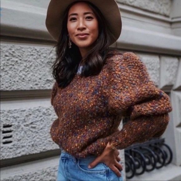 Zara women' Knit Women's Chunky Sweater Long Sleeve V-Neck Brown Speckled Size S - Picture 10 of 12